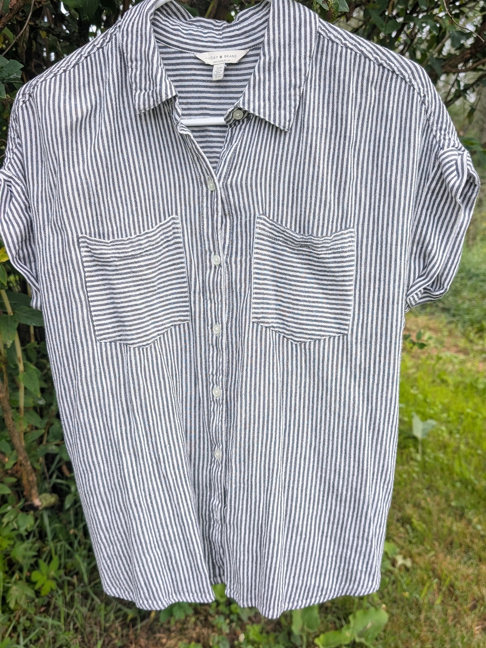 Lucky Brand Navy and White Striped Short-Sleeve Button-Down Shirt